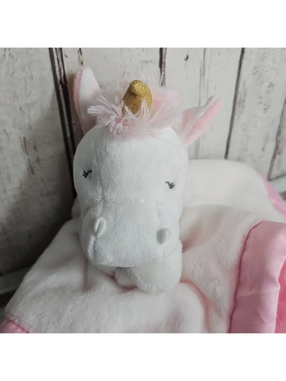 Carters White Unicorn Plush Pink Satin Trim Security Blanket Lovey Gold Horn